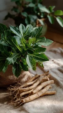 Ashwagandha roots displayed with green leaves beside them, natural setup on burlap or linen fabric, sunlight filtering gently, traditional healing and adaptogen concept, clean and earthy feel