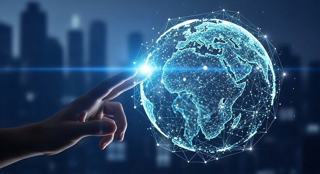 Digital Globe Connection: Finger Touches Holographic Earth with Networked Data Points