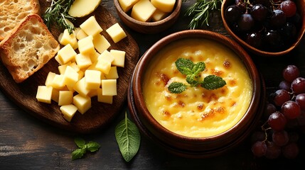 Delicious cheese fondue served with bread, grapes, and apple on a wooden table in a cozy setting