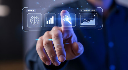 A person touching a holographic display with ai prediction icons and data visualization