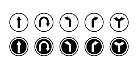 U turn arrow icon set. Direction icon set. Go straight, this way, one way only U turn, left and right arrow vector illustration.