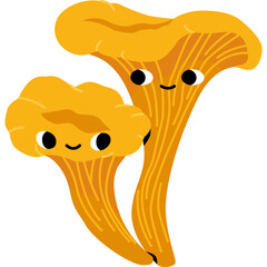 Two Cute Cartoon Orange Chanterelle Mushrooms With Smiling Faces And Black Eyes On A Transparent White Background In A Flat Design Style With Simple Lines And Vibrant Colors