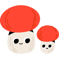 Two Cute Cartoonish Red Cap Mushrooms with Round Shapes and Friendly Faces on a Transparent Background Perfect for Childrens Illustrations and Nature Themes