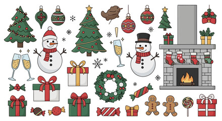 Cheerful Christmas icons of decorations, gifts, and characters