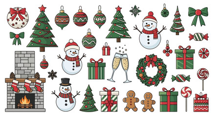 Festive Christmas Decorations Trees, Ornaments, Snowmen, and Gifts Vector Illustration