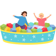Two Happy Children Playing In A Blue Ball Pit Filled With Colorful Cubes During Daytime With A White Background
