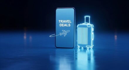 Enticing travel deals ad. Neon suitcase and phone display glowing 'travel deals' message. Perfect for promotions, tourism marketing, or vacation planning visuals.
