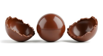 A delicious chocolate surprise egg is cracked open showing the shell halves and the smooth inner egg on a white background