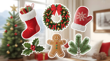 Festive Christmas sticker set including traditional stocking, wreath, gingerbread man, holly, and winter mitten decals