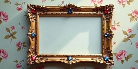 Ornate golden frame adorned with vibrant jewel embellishments and floral wallpaper provides a beautiful backdrop for cherished memories