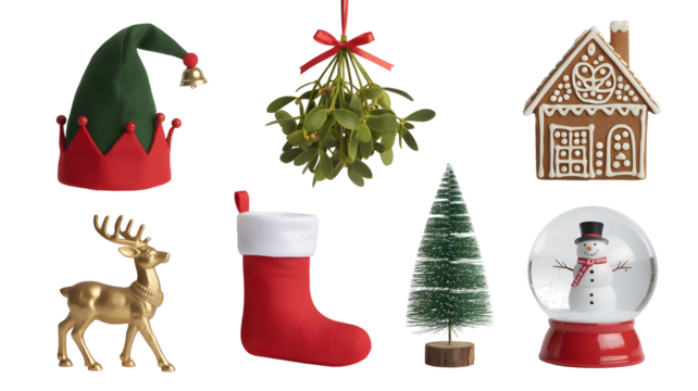 Grouping of essential Christmas and winter holiday objects including a stocking, mistletoe, gingerbread house, and snow globe isolated on transparent background
