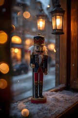 Nutcracker Figure on a Snowy Windowsill with Blurry Village Background