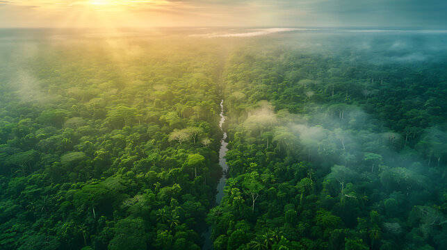 Aerial view of a rainforest. A winding river through dense green trees. Golden morning light and mist. A vital wildlife habitat.