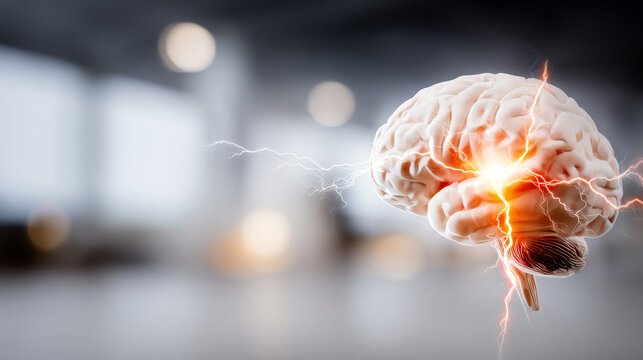 A conceptual representation of the human brain illuminated with electrical activity, symbolizing thought and cognition.