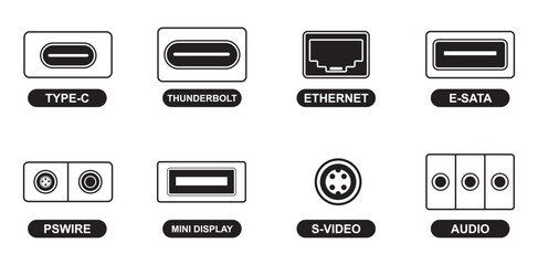 Common Computer Ports Connectors Icon Vector Set