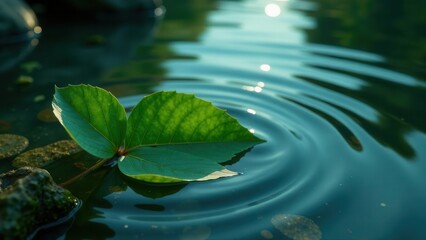 A single green plant stem with two leaves gently floats on the tranquil surface of clear water creating ripples.