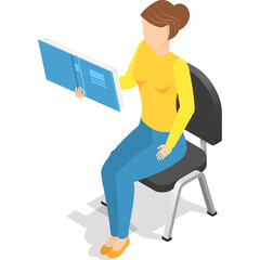 Isometric view of a woman in a yellow long sleeve shirt and blue pants sitting on a black chair reading a blue open book with a white background.