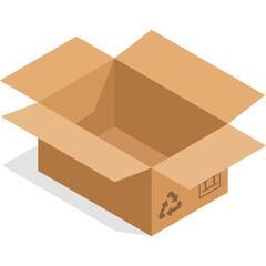 Isometric View Of An Open Brown Cardboard Box With Recycling Symbol And Fragile Label On Its Side Isolated On Transparent Background