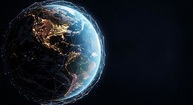 Earth at night with glowing city lights and a digital network overlay in space