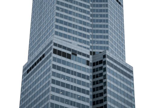 Modern glass skyscraper with reflective windows against clear sky, urban architecture isolated on transparent background - Powered by Adobe