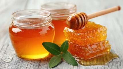 Honey in jar with honeycomb and dipper on wooden table, delicious food.
