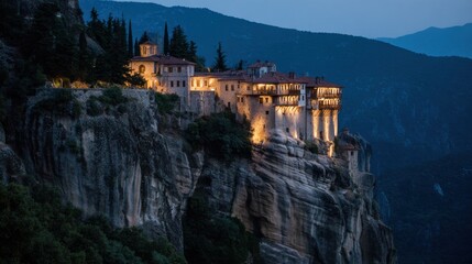 Illuminated meteora monastery perched atop a cliff at dusk in greece.