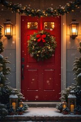 Festive Red Door with Christmas Wreath and Snow