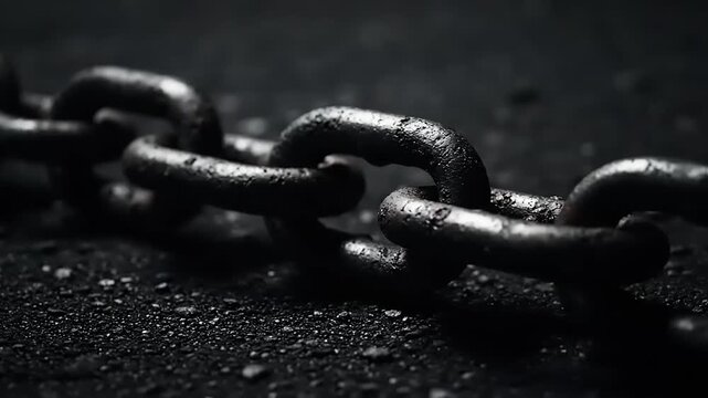 Close up of a rusty chain on a dark surface, detailed view.
