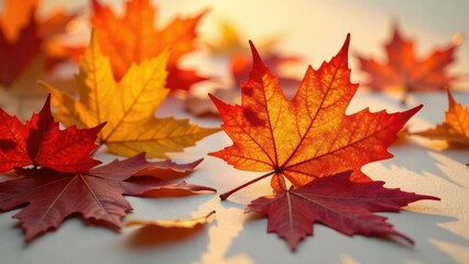 Fototapeta premium Vibrant autumnal foliage with warm hues illuminated by soft sunlight in a serene outdoor setting