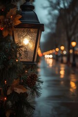 Illuminated Street Lamp with Christmas Decor on a Wet Night