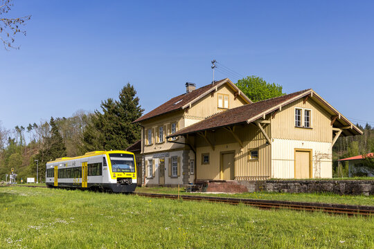 Regional train type Regio-Shuttle RS 1 as Ringzug on Wutachtalbahn railway line in Riedoeschingen, Germany