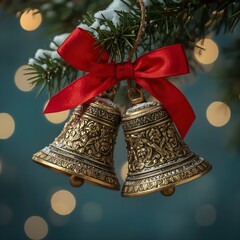 Festive Golden Christmas Bells with Red Bow