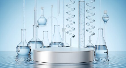 Abstract three-dimensional metallic pedestal or product podium standing in rippling water surrounded by complex clear laboratory glassware and chemistry equipment © XT Dabro
