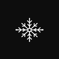 Minimalist depiction of a white snowflake with symmetrical branches against a black background.