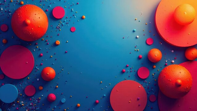 A vibrant abstract composition featuring an array of colorful spherical and disc-shaped elements against a bright blue backdrop, evoking a sense of playful celebration and dynamic movement