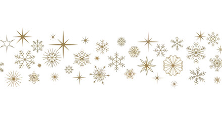 Golden snowflakes arranged horizontally on a white background