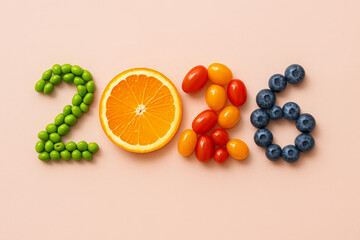 Hopeful new year 2026 resolution for healthy sustainable weight loss. diet goal with fresh fruit and vegetable food for better wellness