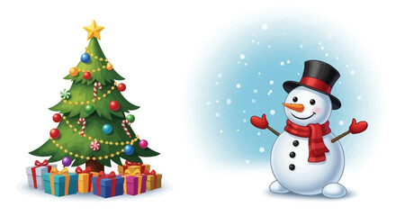 Festive Holiday Cheer A Christmas Tree with Gifts and a Cheerful Snowman