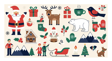 Festive Christmas Icons Set Santa, Reindeer, Gifts & Winter Elements