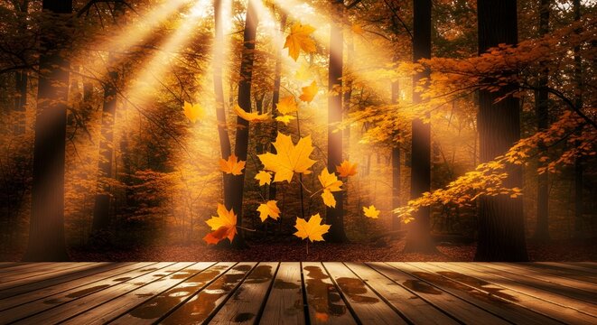 Atmospheric autumn forest scene with bright sun rays shining through tall trees as vibrant yellow maple leaves fall onto a dark wet wooden deck