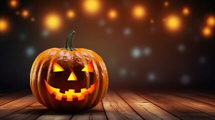 Fototapeta premium Orange pumpkin glows on wood with bokeh lights; use for Halloween product photography, posters, or seasonal backdrops.