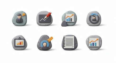 Collection of 3D Rendered Business and Data Analytics Icons in a Modern Clay Style for Professional Presentations and Digital Interfaces