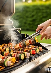 Naklejka premium Grilling skewers with vegetables and meat in backyard setting for outdoor summer barbecue concept