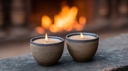 Two lit candles in rustic holders sit on a stone surface, with a warm, glowing fire in the background, creating a cozy atmosphere.
