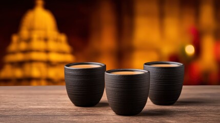 Three rustic cups of coffee sit on a wooden table, with a warm, blurred background suggesting a cozy atmosphere.