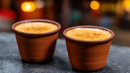 Two earthen cups filled with frothy coffee sit on a dark surface, creating a warm and inviting atmosphere.