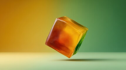 A colorful, translucent gelatin cube floats against a gradient background, showcasing its vibrant hues of orange and green.