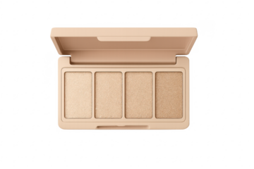 Beige makeup palette containing sparkling eyeshadow and highlighter