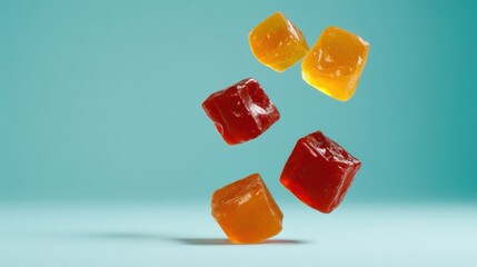 Colorful gelatin cubes suspended in mid-air against a soft turquoise background, creating a playful and vibrant visual effect.
