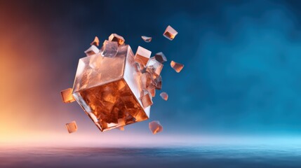 A translucent ice cube shattering in mid-air, surrounded by floating shards against a gradient blue and orange background.